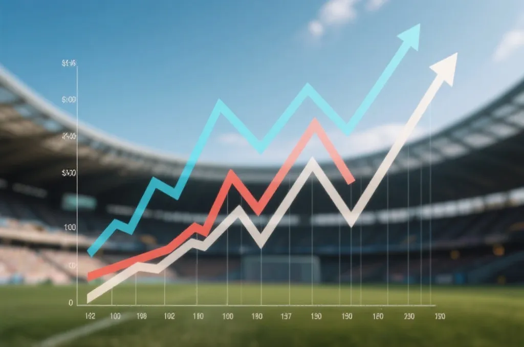 An abstract financial-style line chart showing upward and downward trends, overlaying a blurred stadium background